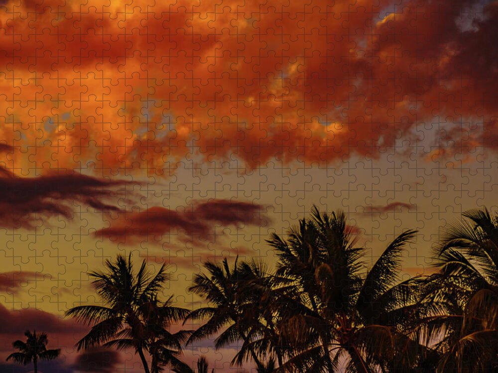 Hawaii Jigsaw Puzzle featuring the photograph Palms below the Fire Clouds by John Bauer