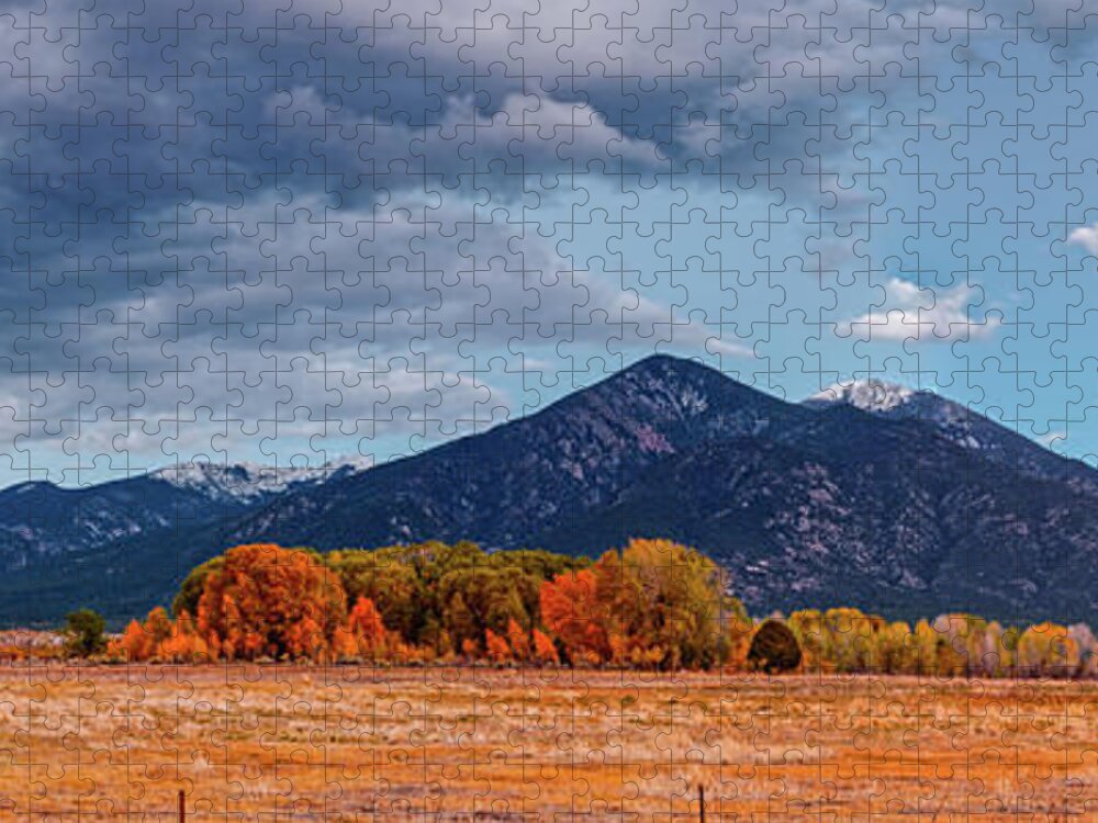 Taos Jigsaw Puzzle featuring the photograph Panorama of Ominous Clouds Above Pueblo Peak and Sangre de Cristo Mountains - Taos New Mexico by Silvio Ligutti
