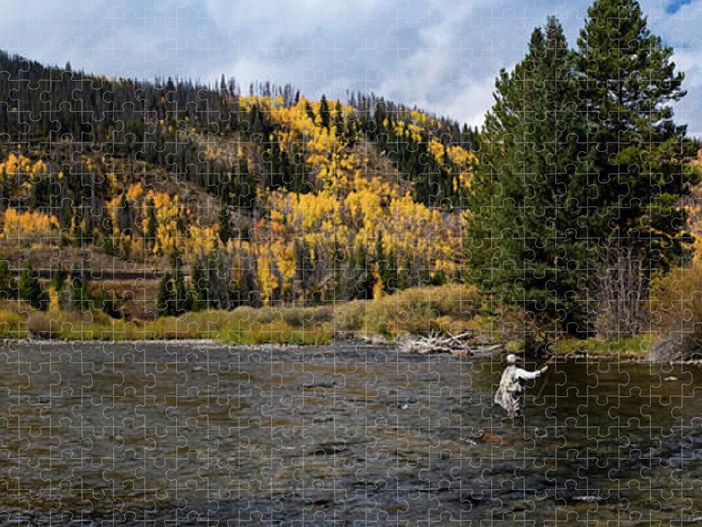 Panoramic Image Of A Woman Fly-fishing Jigsaw Puzzle by Skibreck