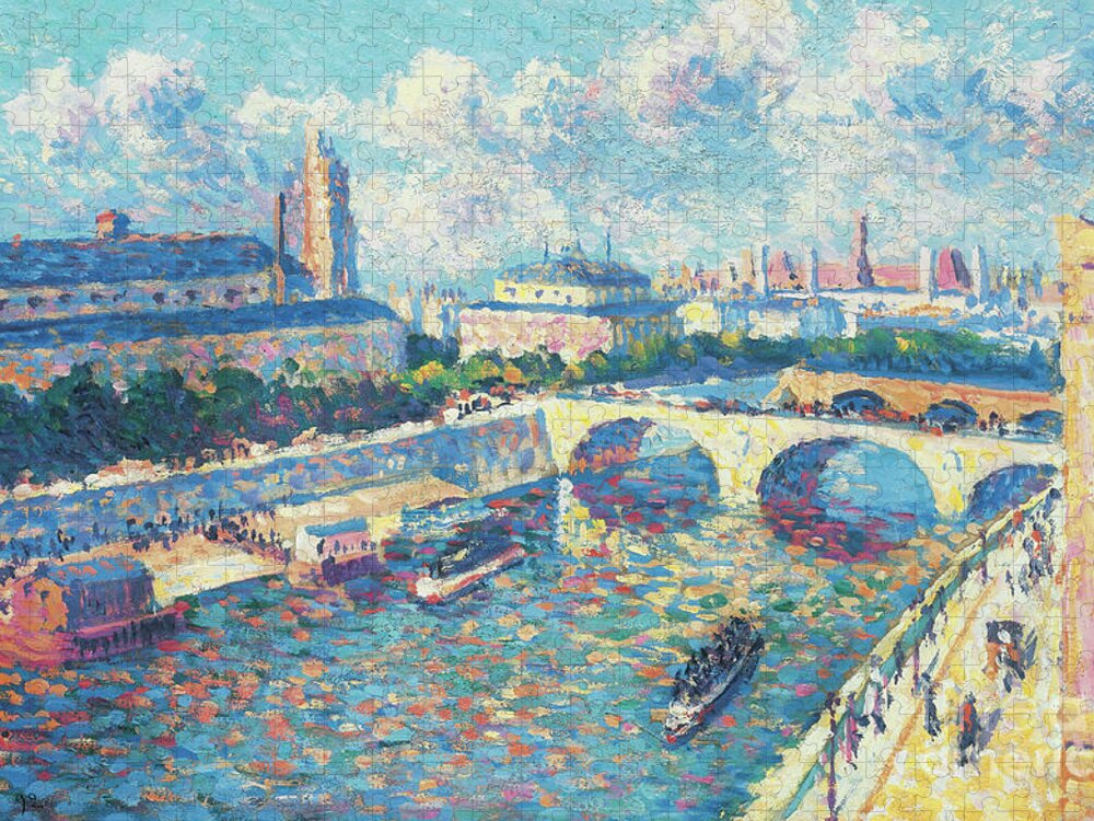Paris Jigsaw Puzzle featuring the painting Paris, The Seine And The Quai De La Megisserie Seen From The Quai De Lhorloge, 1892 by Maximilien Luce