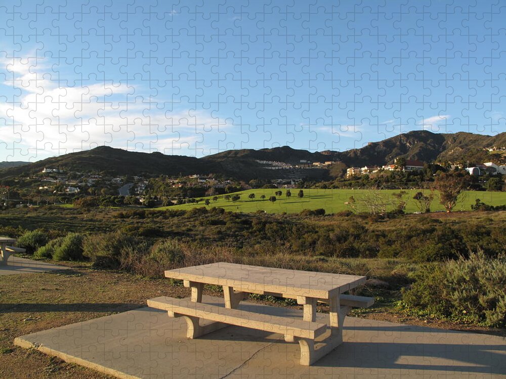 Tranquility Jigsaw Puzzle featuring the photograph Park Bench In Malibu by Marianna Sulic