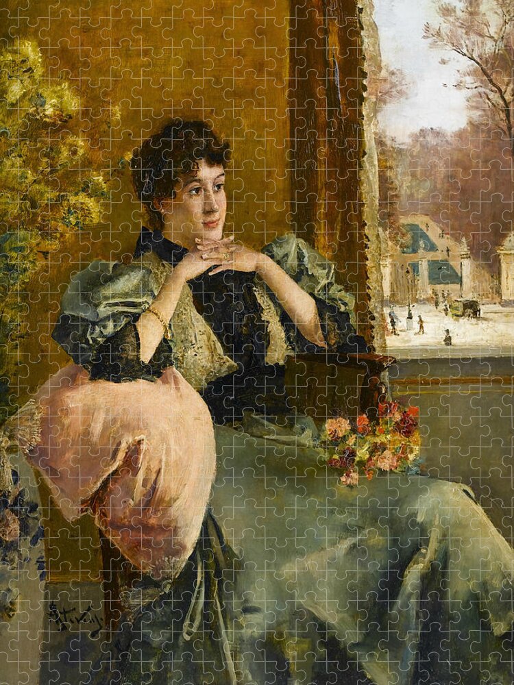19th Century Art Jigsaw Puzzle featuring the painting Pensive Woman Near a Window by Alfred Stevens