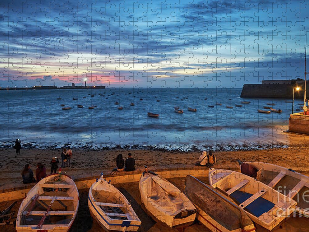 Sea Jigsaw Puzzle featuring the photograph People at Caleta Beach Photographing Sunset Dramatic Sky Cadiz Andalusia Spain by Pablo Avanzini