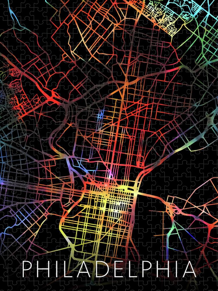 Philadelphia Jigsaw Puzzle featuring the mixed media Philadelphia Pennsylvania City Watercolor Street Map Dark Mode by Design Turnpike