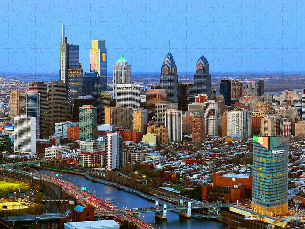 Philadelphia Skyline At Dusk Jigsaw Puzzle featuring the photograph Philadelphia Skyline at Dusk 2018 by Jon Holiday