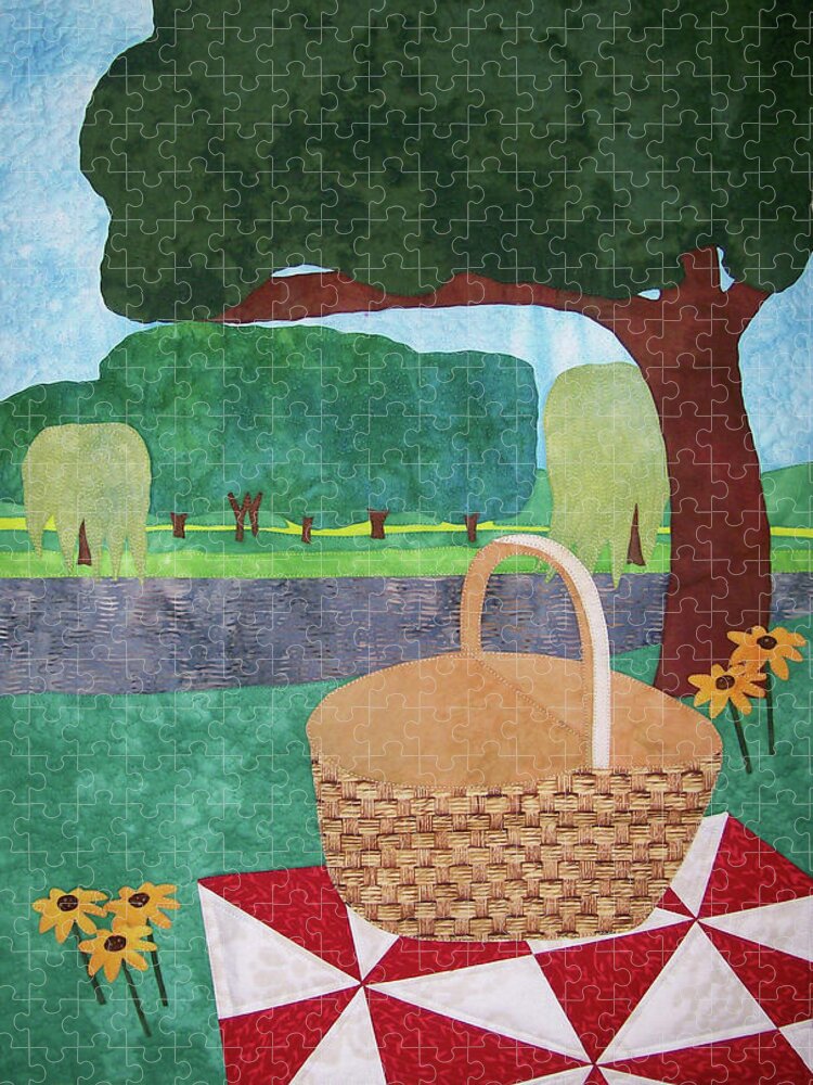 Art Quilt Jigsaw Puzzle featuring the tapestry - textile Picnic at Ellis Pond by Pam Geisel