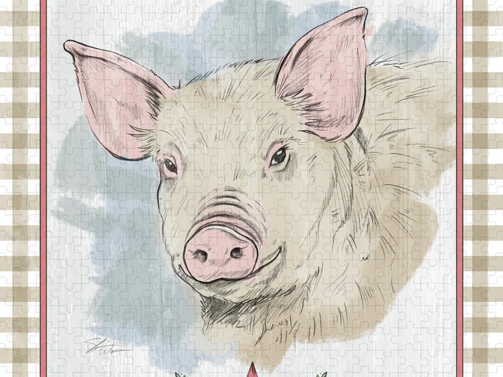 Pig Jigsaw Puzzle featuring the mixed media Pig Portrait-Farm Animals by Shari Warren