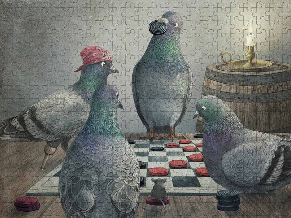 Pigeons Jigsaw Puzzle featuring the drawing Pigeons Playing Checkers by Eric Fan