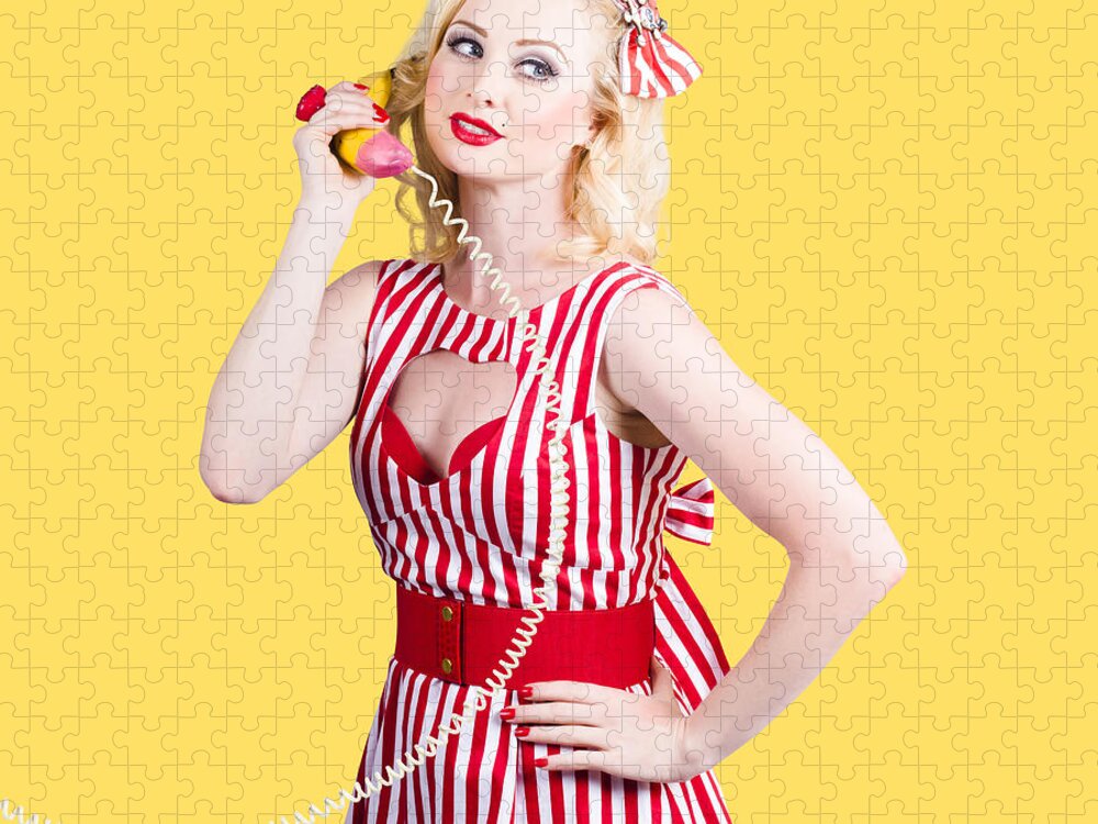 Pinup Jigsaw Puzzle featuring the photograph Pin up woman ordering organic food on banana phone by Jorgo Photography