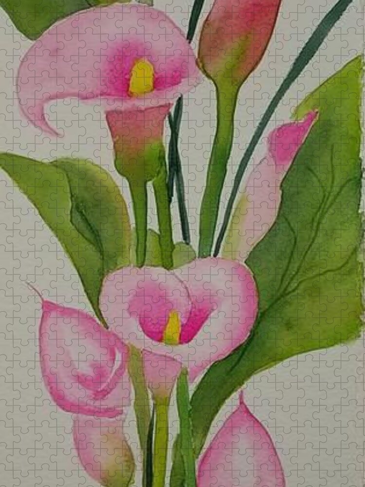 Bouquet Of Lillies Jigsaw Puzzle featuring the painting Pink Calla Lillies by Ann Frederick