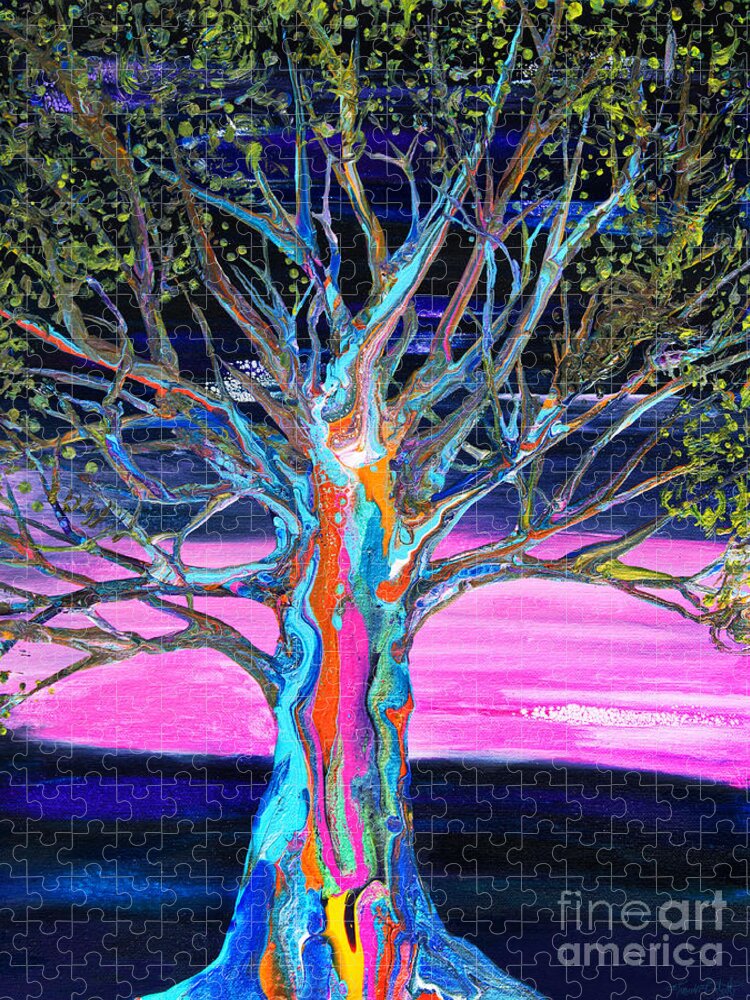 Pink Sky Rainbow Colors Tree Jigsaw Puzzle featuring the painting Pink Sky Rainbow Tree #4371 by Priscilla Batzell Expressionist Art Studio Gallery