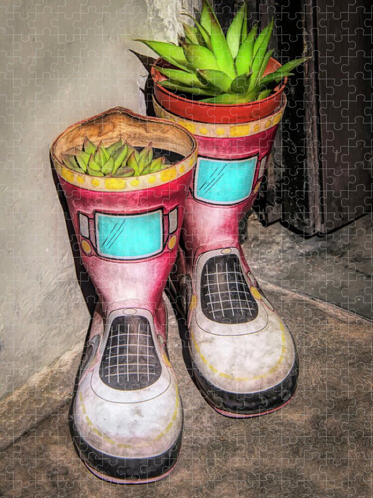 Boots Jigsaw Puzzle featuring the photograph Planter Boots At Door In Florence Italy by Gary Slawsky