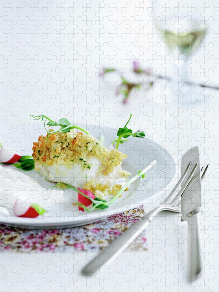 White Background Jigsaw Puzzle featuring the photograph Plate Of Crusted Fish by Line Klein