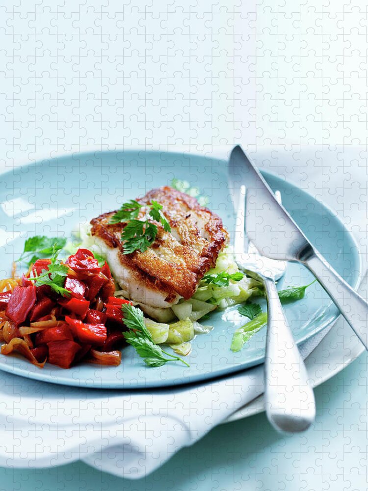 White Background Jigsaw Puzzle featuring the photograph Plate Of Fried Fish And Salad by Line Klein