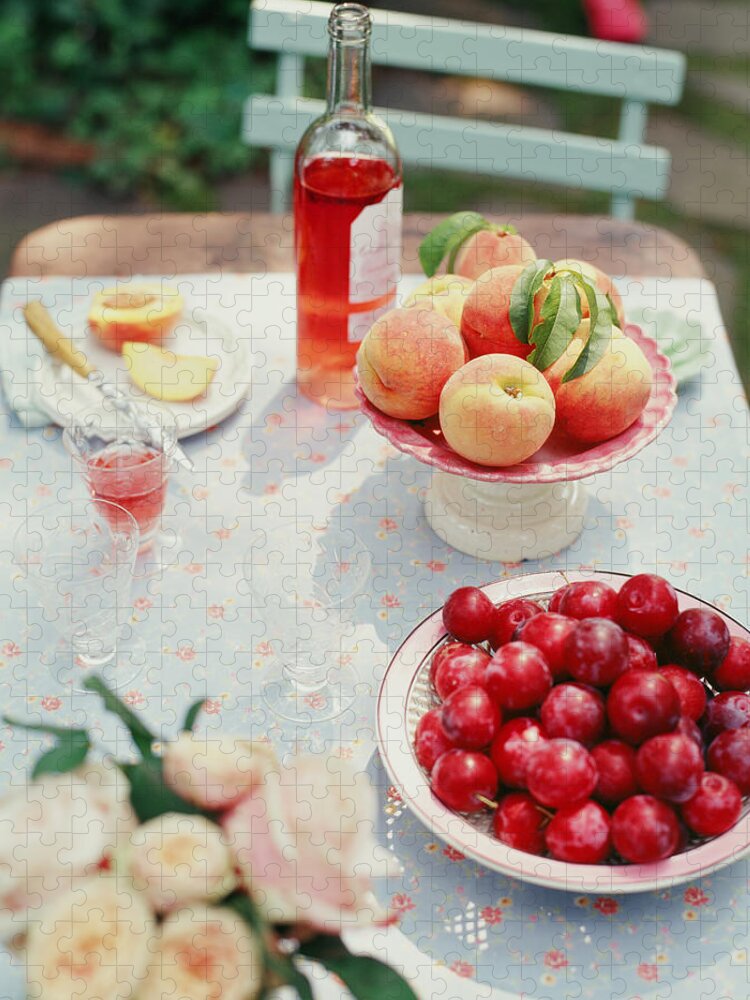 Plum Jigsaw Puzzle featuring the photograph Plums, Peaches, Wine And Flowers On A by Victoria Pearson