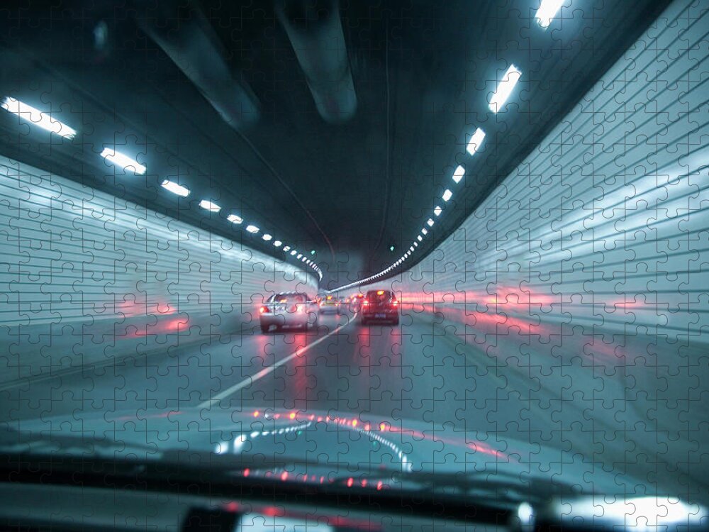Car Interior Jigsaw Puzzle featuring the photograph Point Of View Out Front Of Car In Tunnel by Grant Faint