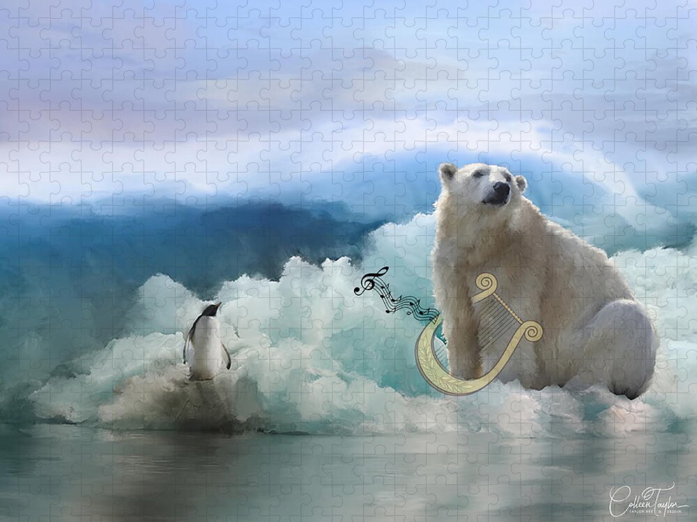 Polar Bears Jigsaw Puzzle featuring the mixed media Polar Bears Play the Lyre by Colleen Taylor