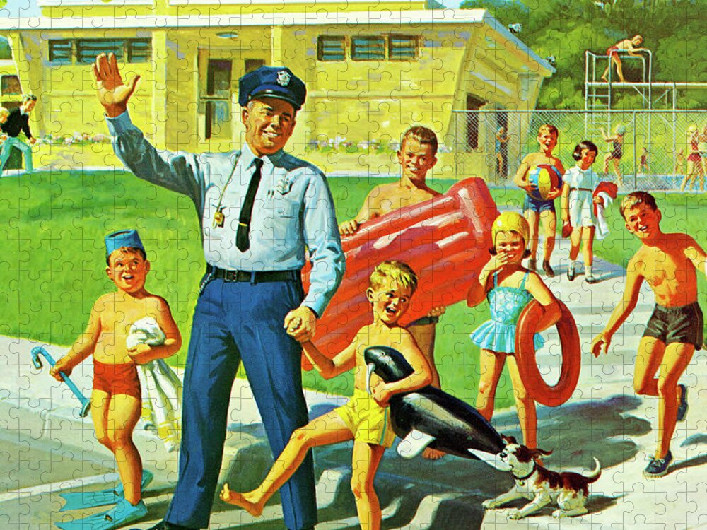 Across Jigsaw Puzzle featuring the drawing Policeman Escorting Children Across Street by CSA Images