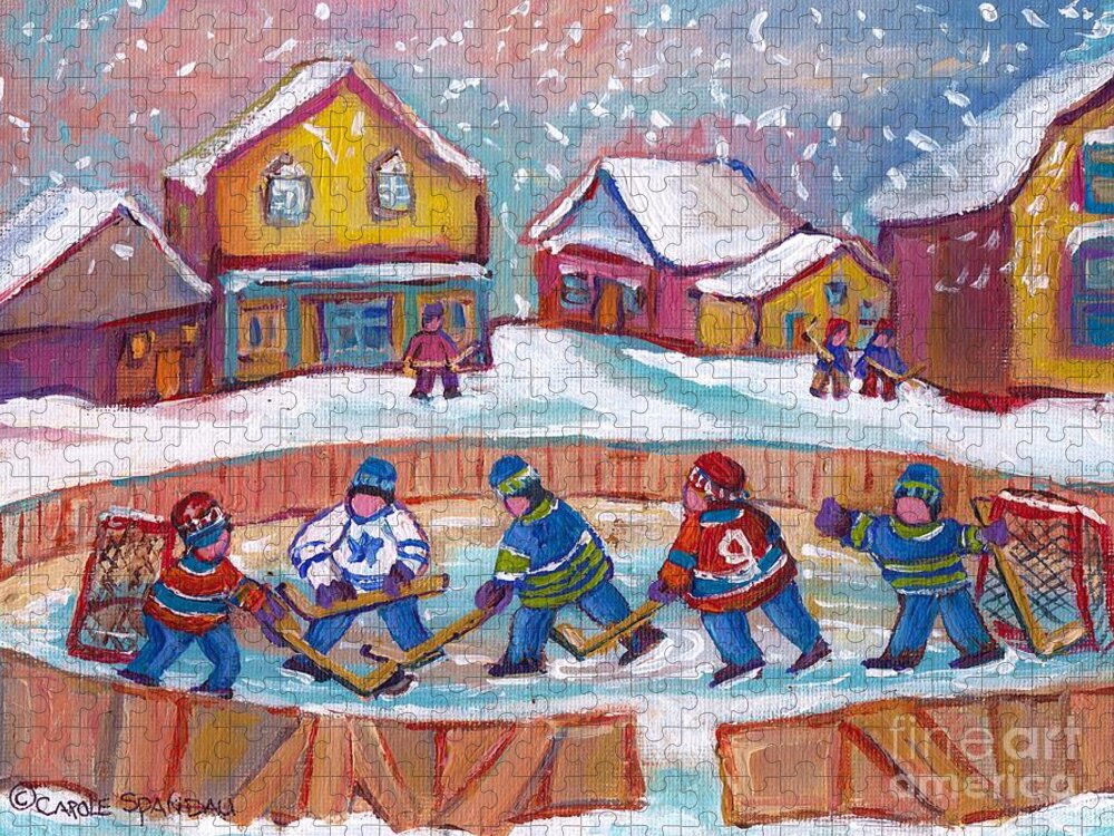 Rink Hockey Jigsaw Puzzle featuring the painting Pond Hockey Canadian Small Town Rural Landscape Leafs Vs Habs Kids Snowy Laurentian Art C Spandau  by Carole Spandau