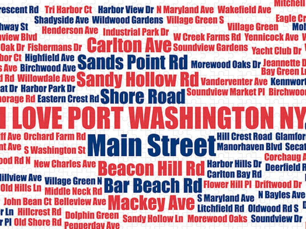 Port Washington Ny Jigsaw Puzzle featuring the digital art Port Washington NY Street Name Wordcloud red white blue by David Smith