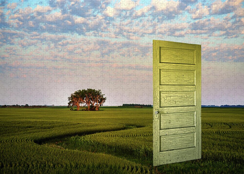 Door Path Trees Sky Coulee Wheat Green Field Farm Ag Nd North Dakota Composite Dream Portal Gateway Opening Pathway Curve Peter Herman Jigsaw Puzzle featuring the photograph Portal - ND wheat field composite with weathered door from an abandoned homestead by Peter Herman