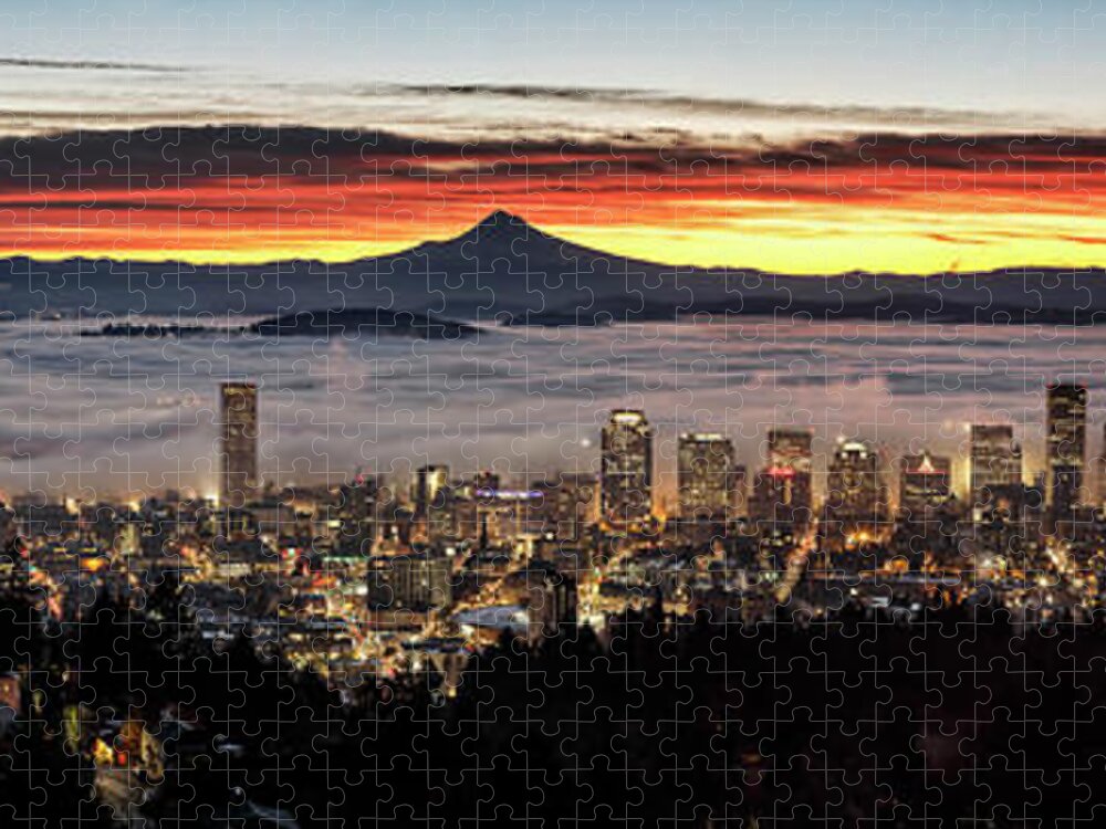 Portland Foggy Sunrise Jigsaw Puzzle featuring the photograph Portland Foggy Sunrise by Wes and Dotty Weber