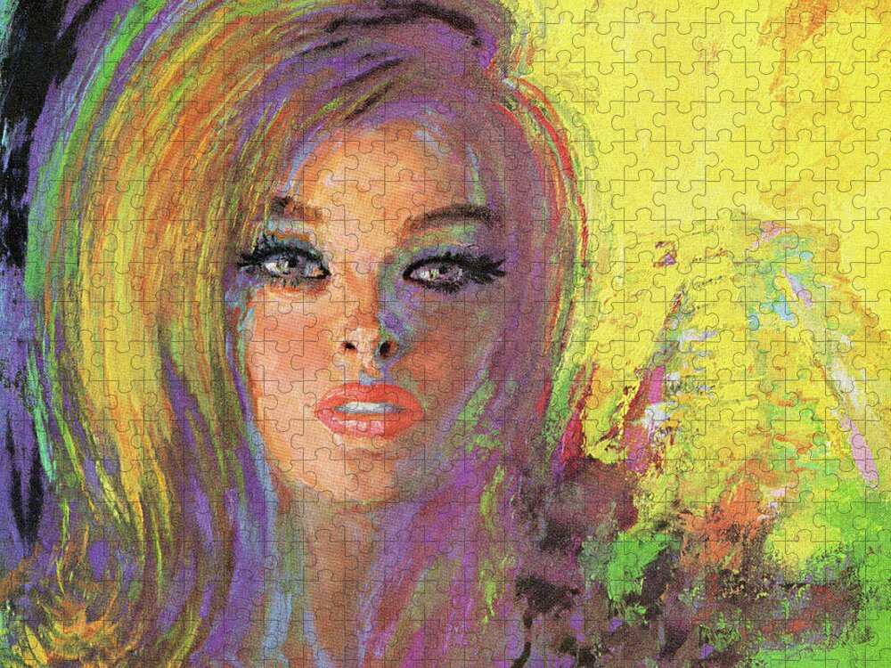 Adult Jigsaw Puzzle featuring the drawing Portrait of Big Haired Blonde Woman by CSA Images
