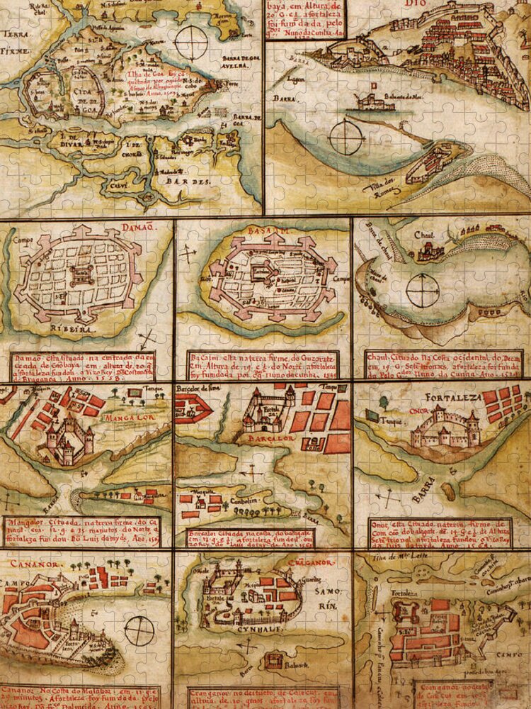 Maps Jigsaw Puzzle featuring the painting Portuguese map of Fortified Cities on the Coast of Africa & India - 1630 by Unknown