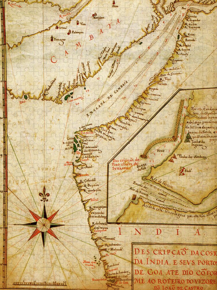 Maps Jigsaw Puzzle featuring the painting Portuguese Port of Goa in India - 1630 by Unknown