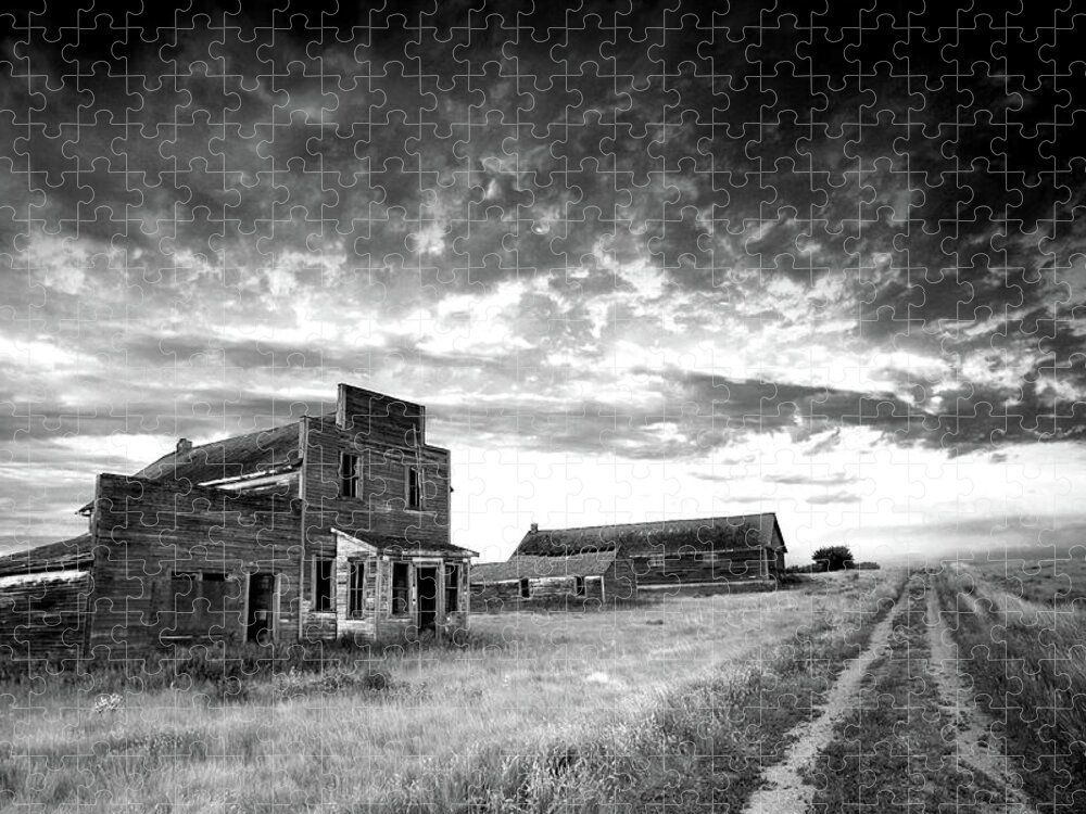 Scenics Jigsaw Puzzle featuring the photograph Prairie Ghost Town In Black And White by Imaginegolf