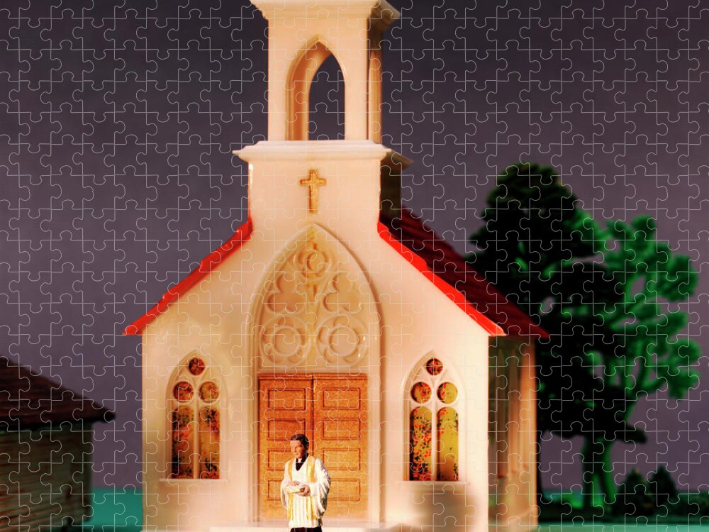 Architecture Jigsaw Puzzle featuring the drawing Priest in Front of Church by CSA Images