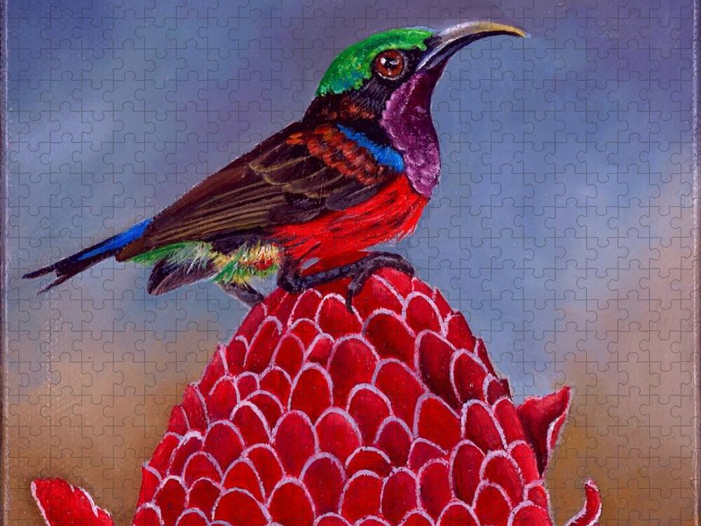 Birds Jigsaw Puzzle featuring the painting Purple Throated Sunbird on Red Torch Ginger by Dana Newman