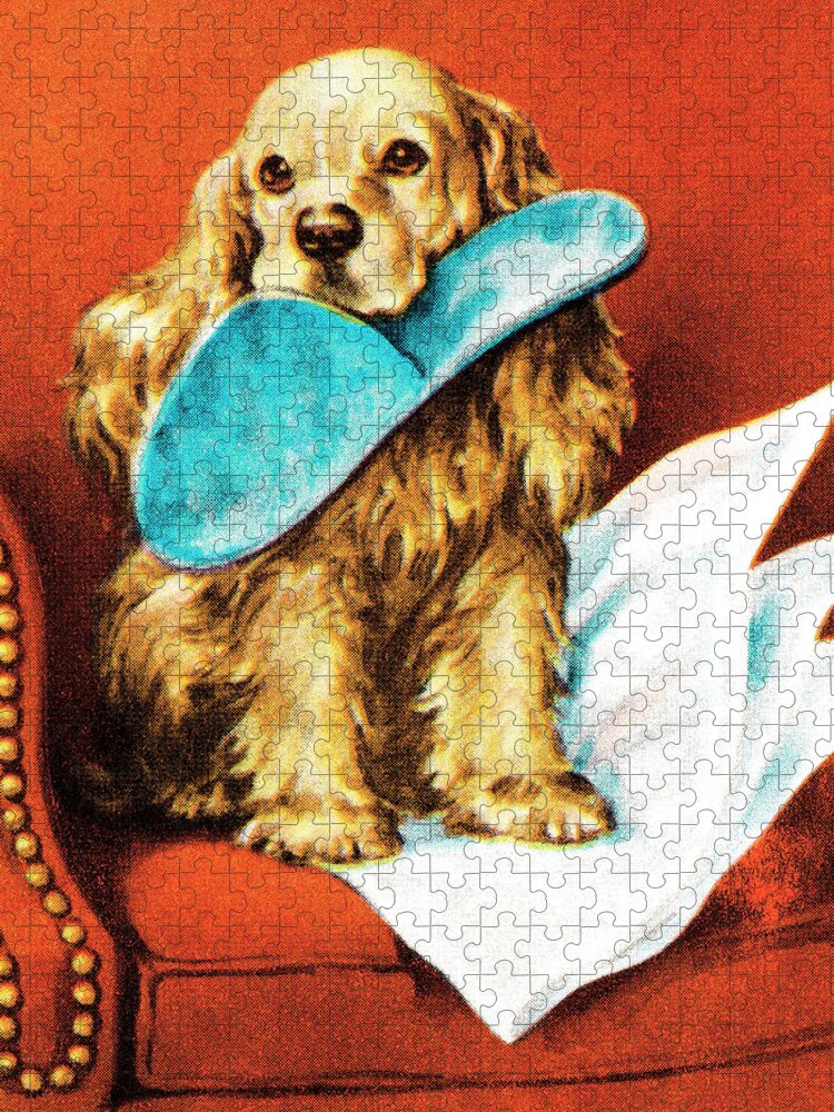 Animal Jigsaw Puzzle featuring the drawing Puppy with slipper by CSA Images