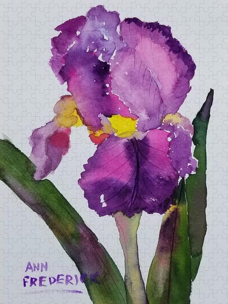 Purple Jigsaw Puzzle featuring the painting Purple Bearded Iris by Ann Frederick