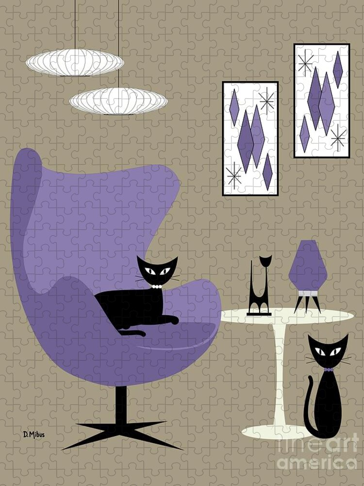 Mid Century Modern Jigsaw Puzzle featuring the digital art Purple Egg Chair with Cats by Donna Mibus