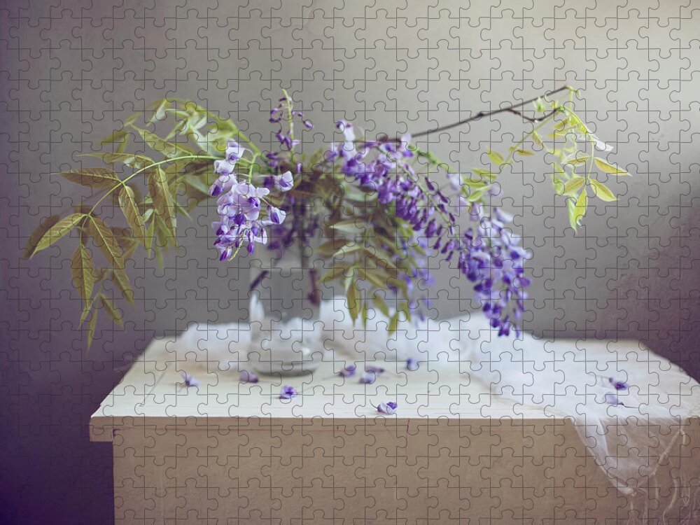 Purple Jigsaw Puzzle featuring the photograph Purple Flowers On White Table by Copyright Anna Nemoy(xaomena)