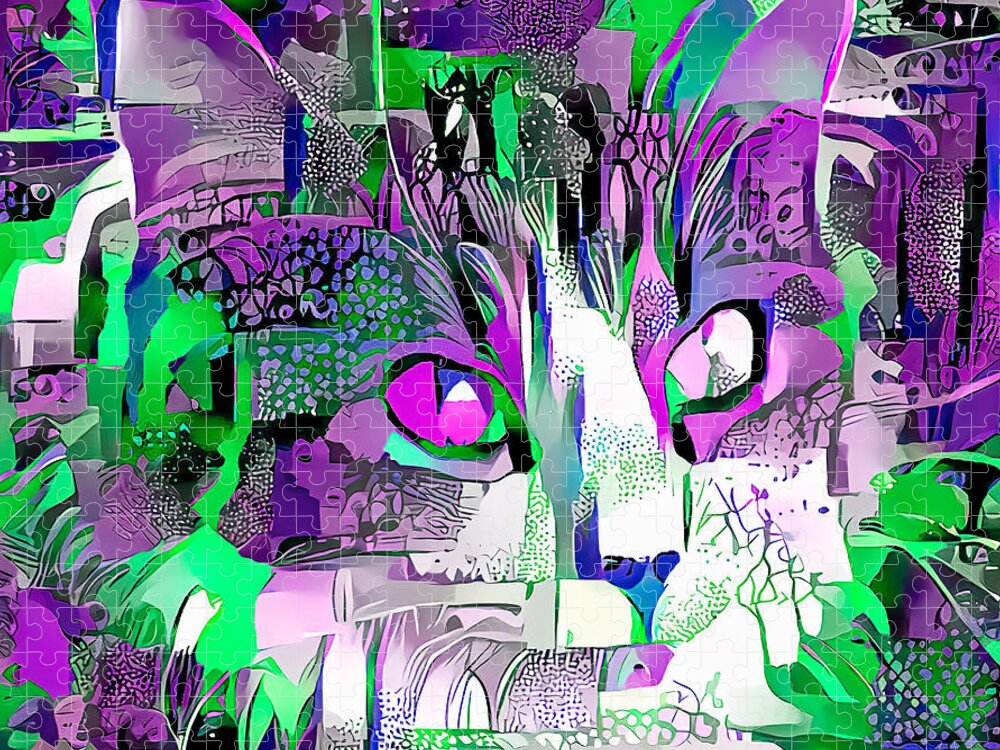 Kitten Jigsaw Puzzle featuring the digital art Purple Fluffy Cat Abstract by Don Northup