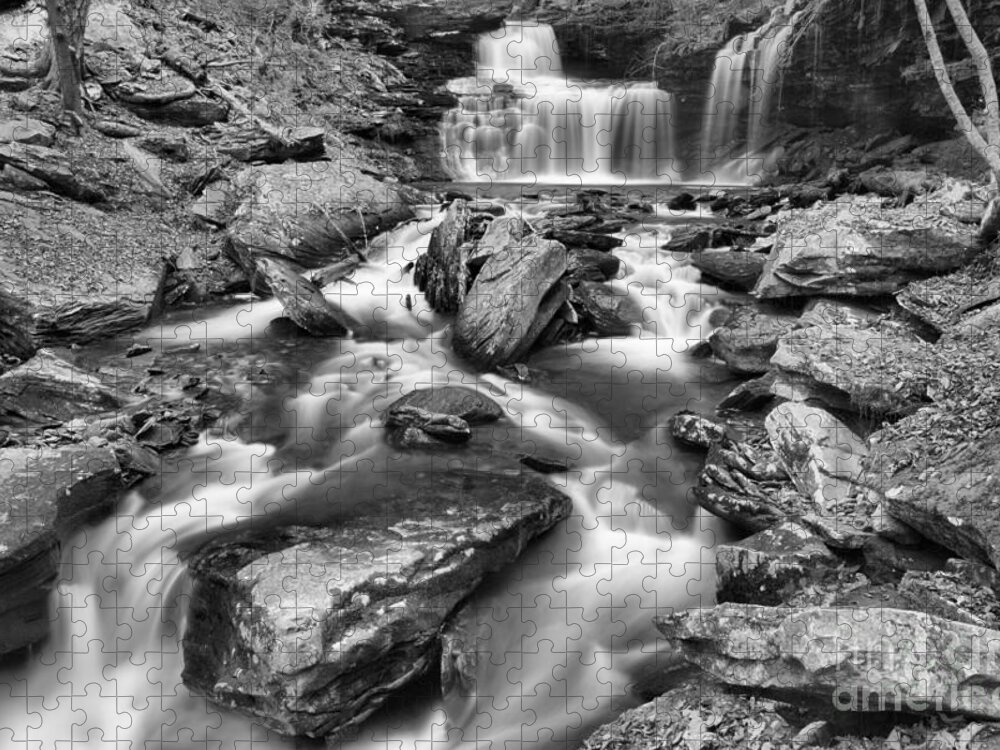 Ricketts Glen Jigsaw Puzzle featuring the photograph R B Ricketts Falls Autumn Landscape Black And White by Adam Jewell