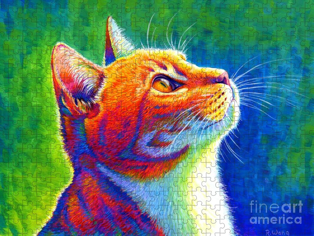 Cat Jigsaw Puzzle featuring the painting Anticipation - Psychedelic Rainbow Tabby Cat by Rebecca Wang