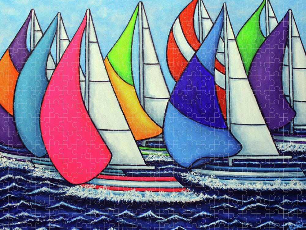 Sailing Jigsaw Puzzle featuring the painting Rainbow Racing Regatta by Lisa Lorenz