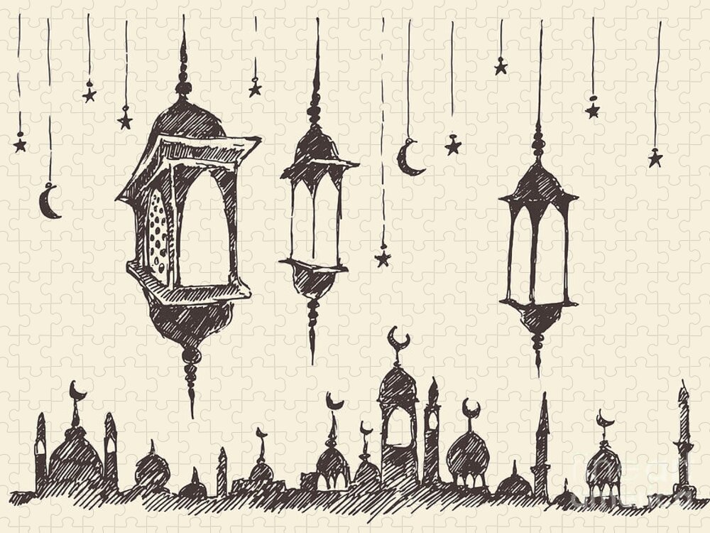 Islamic Jigsaw Puzzle featuring the digital art Ramadan Celebration Vintage Engraved by Grop