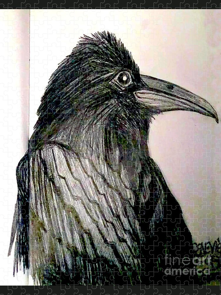 Raven Jigsaw Puzzle featuring the drawing Raven by Genevieve Esson