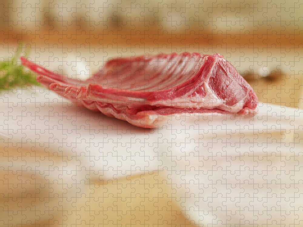 Cutting Board Jigsaw Puzzle featuring the photograph Raw Rack Of Lamb On Cutting Board by Adam Gault