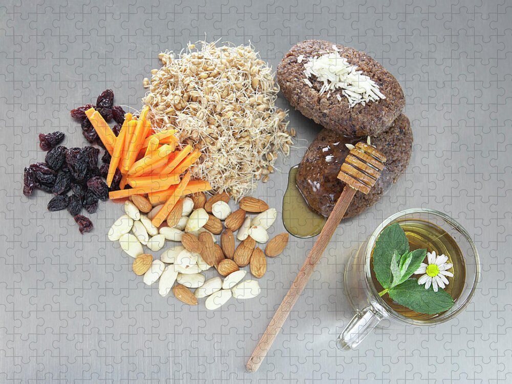 Herbal Tea Jigsaw Puzzle featuring the photograph Raw Vegetables, Honey, Nuts, And Sprouts by Laurie Castelli