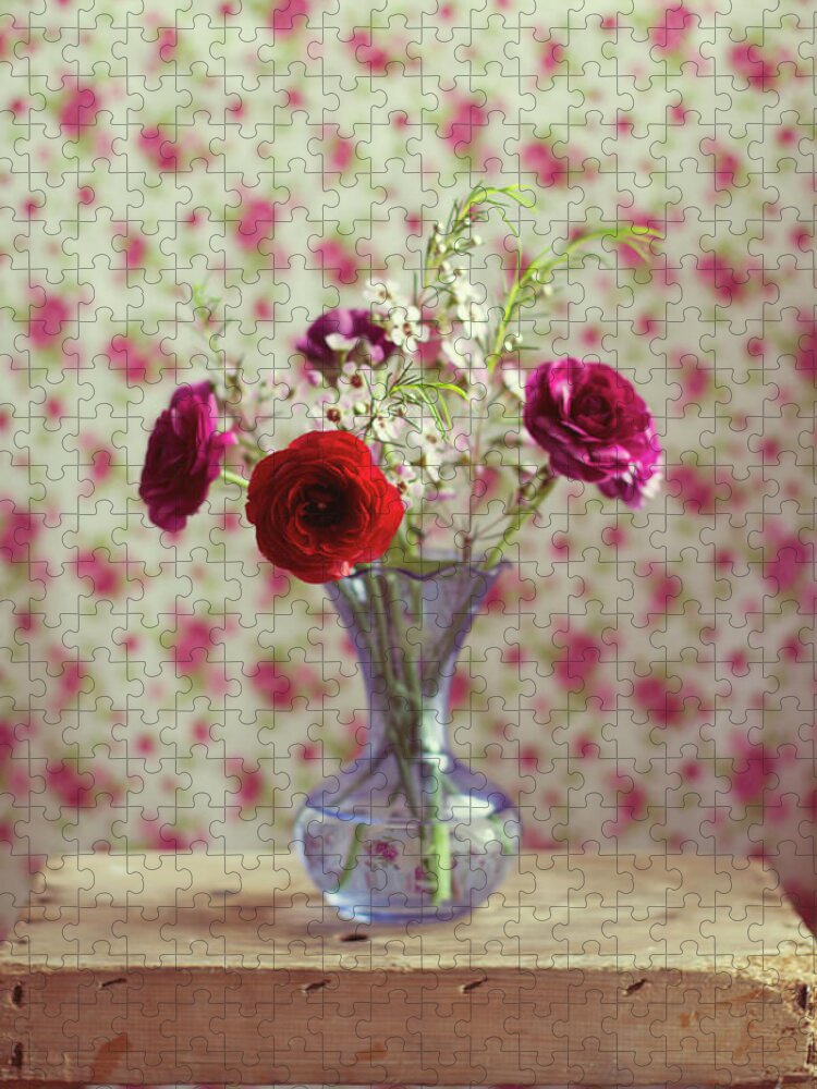 Vase Jigsaw Puzzle featuring the photograph Red And Pink Ranunculus Flowers In Blue by Copyright Anna Nemoy(xaomena)