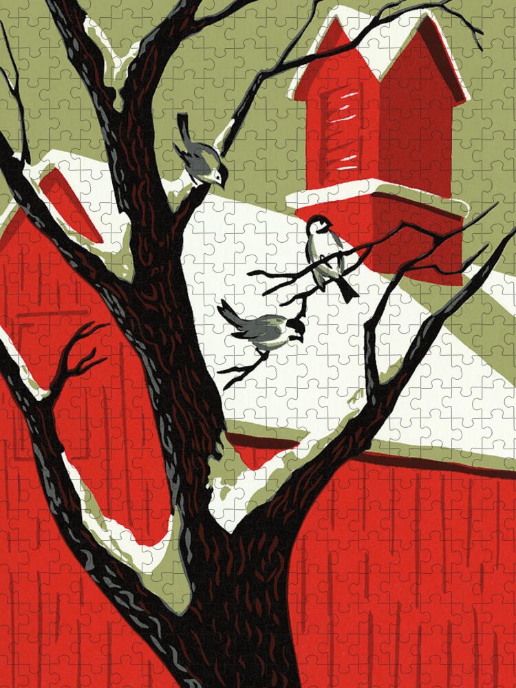 Animal Jigsaw Puzzle featuring the drawing Red Barn and a Tree in Winter by CSA Images