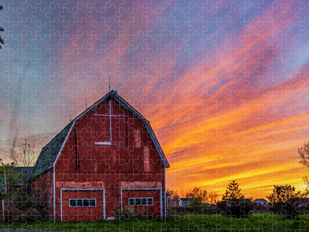 Red Barn At Sunset Jigsaw Puzzle featuring the photograph Red Barn At Sunset by Mark Papke
