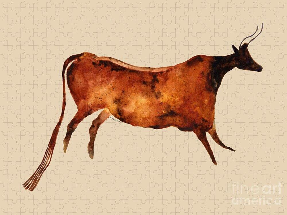 Cave Jigsaw Puzzle featuring the painting Red Cow in Beige by Hailey E Herrera