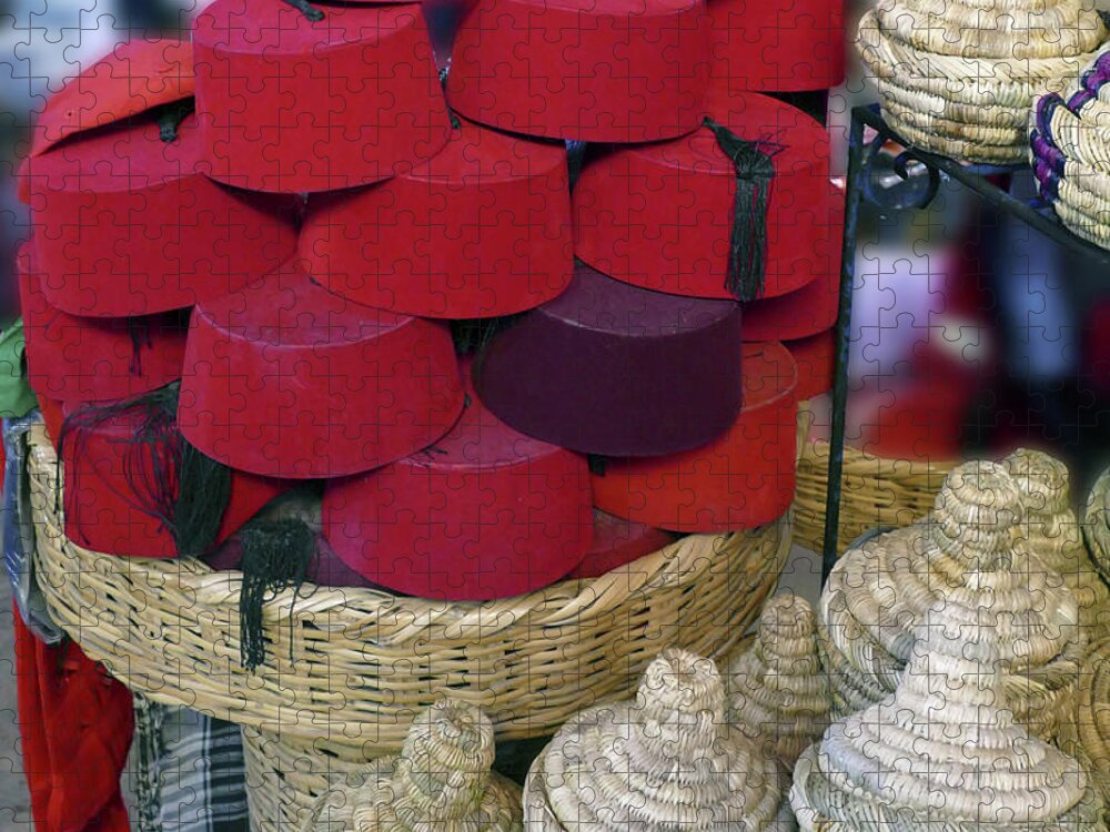 Marrakech Jigsaw Puzzle featuring the photograph Red Fez tarbouche and white wicker tagine cookers by Steve Estvanik