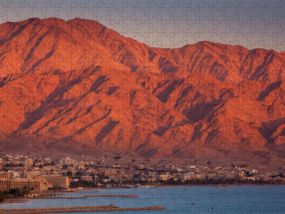 Scenics Jigsaw Puzzle featuring the photograph Red Sea Beachfront, Sunset View Towards by Walter Bibikow